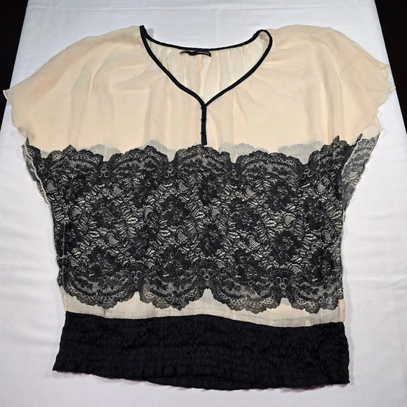 Maurices Tops - Maurices Womens Medium Cream Black Lace Chiffon Smocked Hem V-Neck Blouse Top